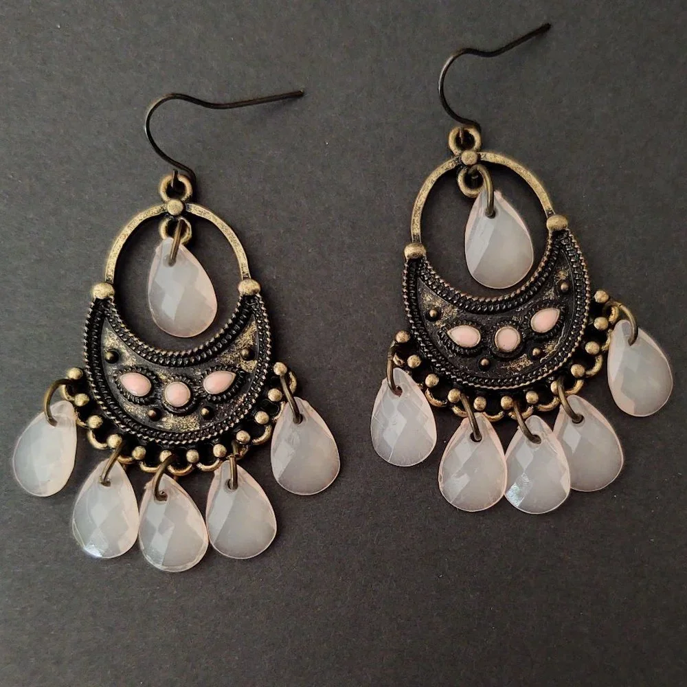 Antique gold, pink enamel and pink dangle beaded earrings